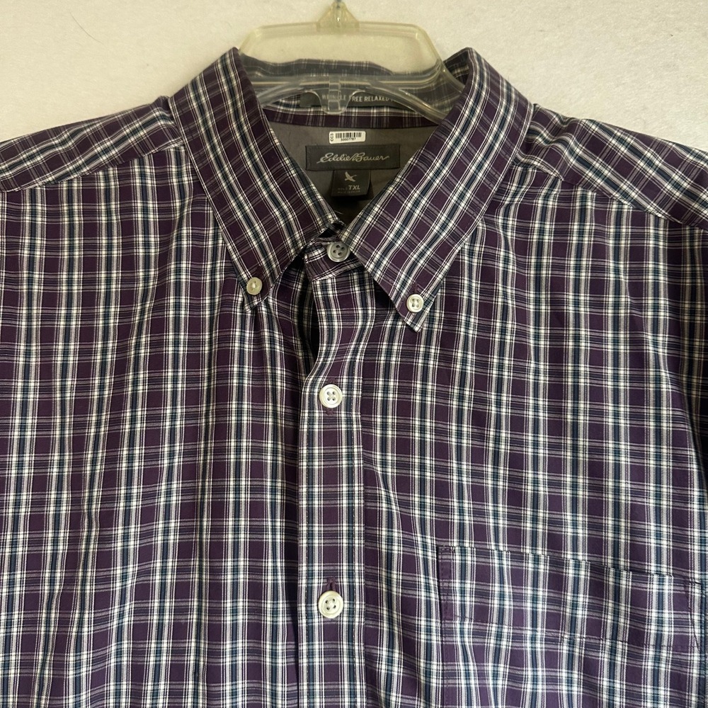 Eddie Bauer Mens TXL Purple Plaid Wrinkle Free Relaxed Fit Button Down Shirt
